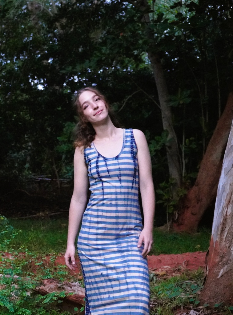 STRIPED DRESS, PINK-BLUE, SHIBORI TIE-DYE, KNITTED, JERSEY COTTON