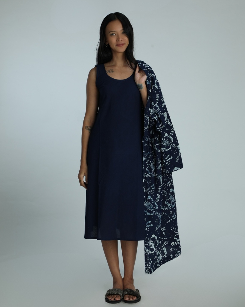 OVERCOAT SET DRESS, DARK BLUE, BATIK, COTTON