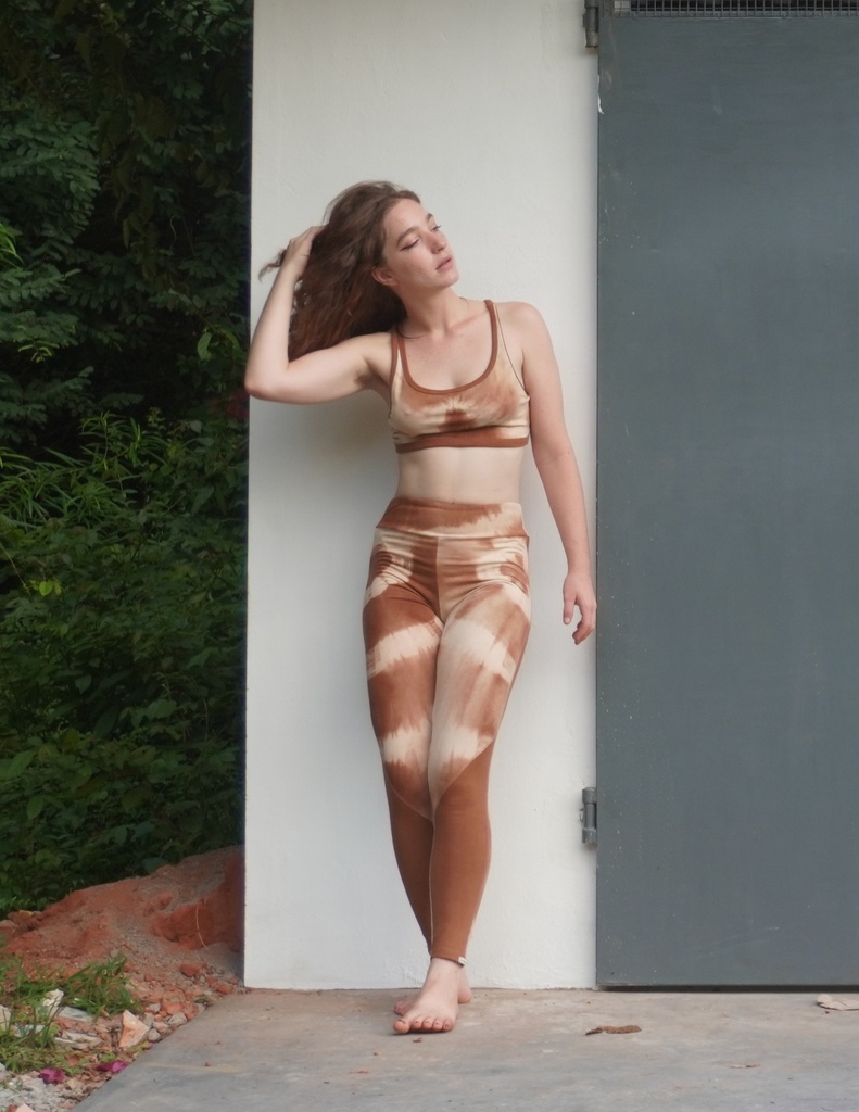 YOGA LEGGINGS, BROWN-WHITE, SHIBORI, COTTON