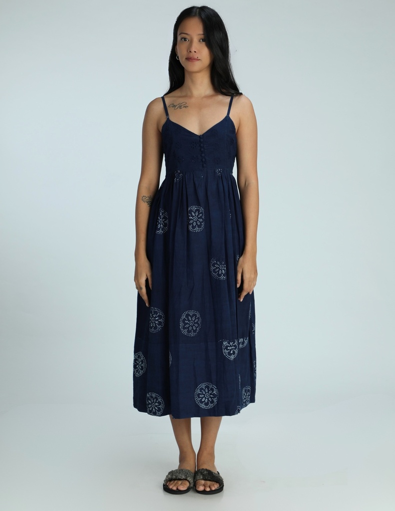 STRAPPY DRESS, DARK BLUE, BATIK ROUNDFLOWER, COTTON
