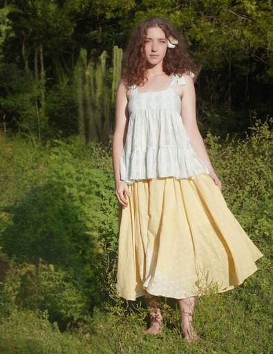 GATHERED SKIRT, YELLOW-WHITE, SHIBORI, COTTON
