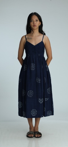 STRAPPY DRESS, DARK BLUE, BATIK ROUNDFLOWER, COTTON